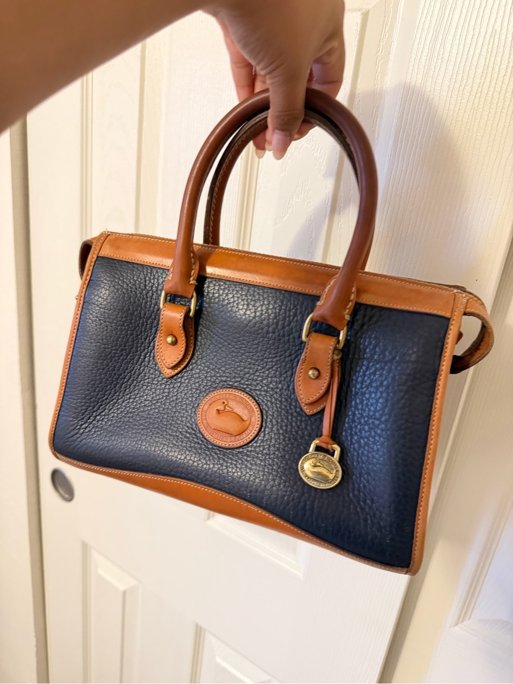 Vintage Dooney & Bourke Black Pebble Leather Satchel with Tan Trim